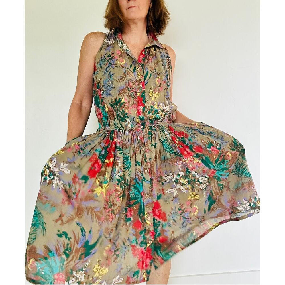 Vintage 90s Cotton Floral A line Dress Size M Pockets Knee Length Cottagecore